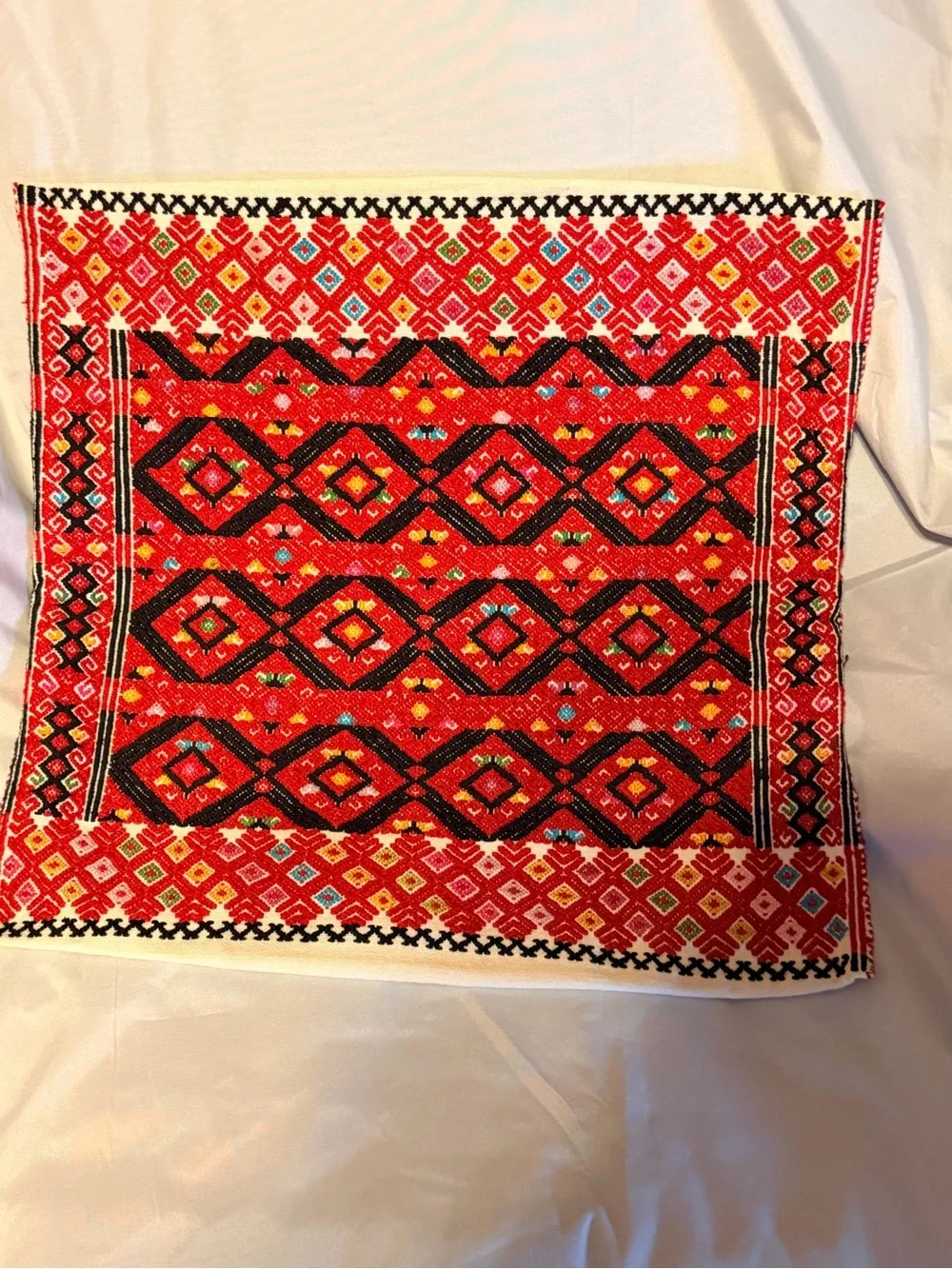 Vintage Hand Embroidered 16x16 Pillow Cover | Boho Folk Art Geometric Accent